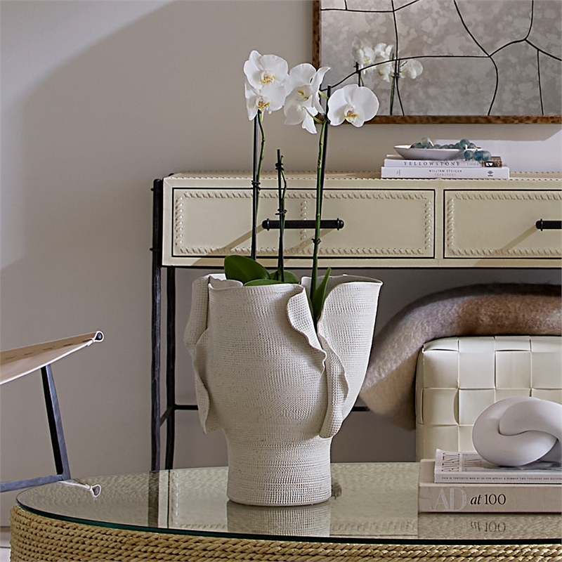 Maklaine Contemporary Wide Handmade Porcelain Petal-Fold Vessel in White