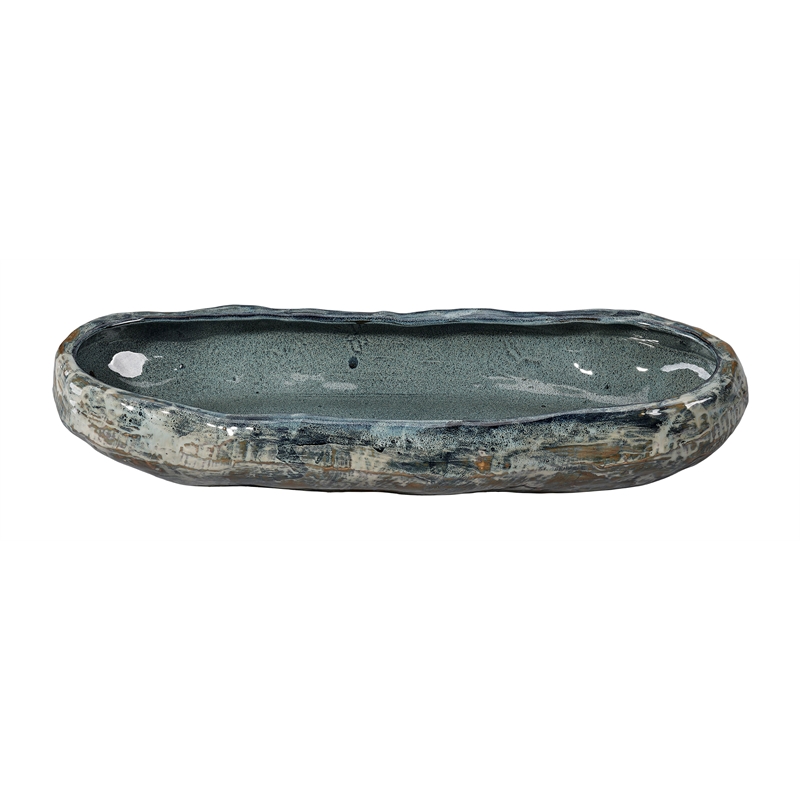 Maklaine Contemporary Handmade Reactive Glaze Ceramic Oval Bowl in Gray