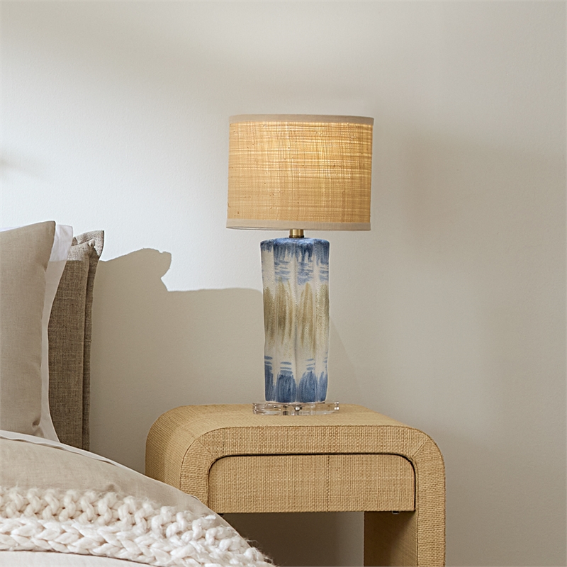 Maklaine Handmade Reactive Glaze Ceramic Table Lamp With Raffia Shade in Blue