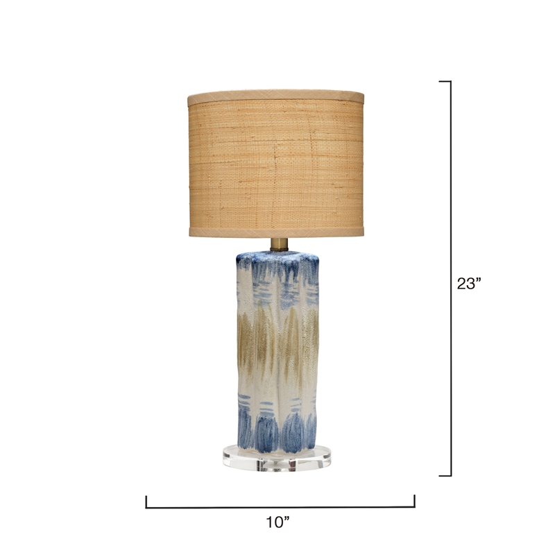 Maklaine Handmade Reactive Glaze Ceramic Table Lamp With Raffia Shade in Blue