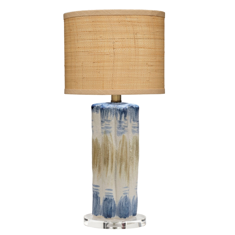 Maklaine Handmade Reactive Glaze Ceramic Table Lamp With Raffia Shade in Blue