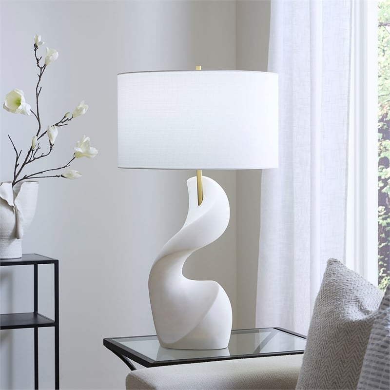 Maklaine Handmade Ricestone Sculptural Table Lamp With Linen Shade in White