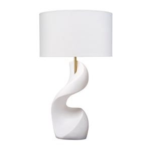 Maklaine Handmade Ricestone Sculptural Table Lamp With Linen Shade in White