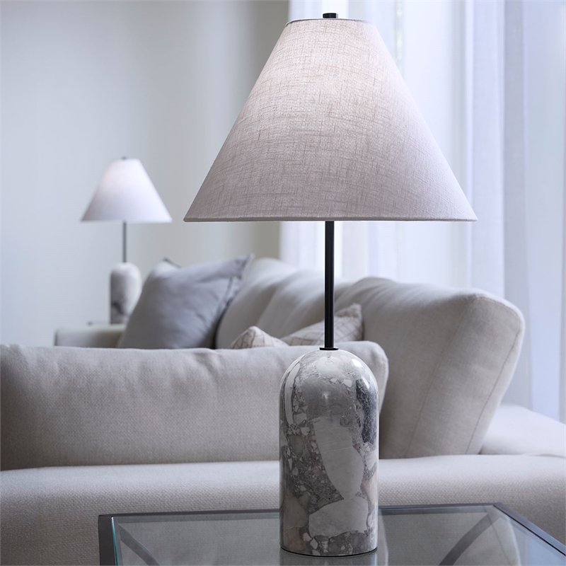 Maklaine Hand-Carved Natural Travertine Stone Table Lamp in Gray