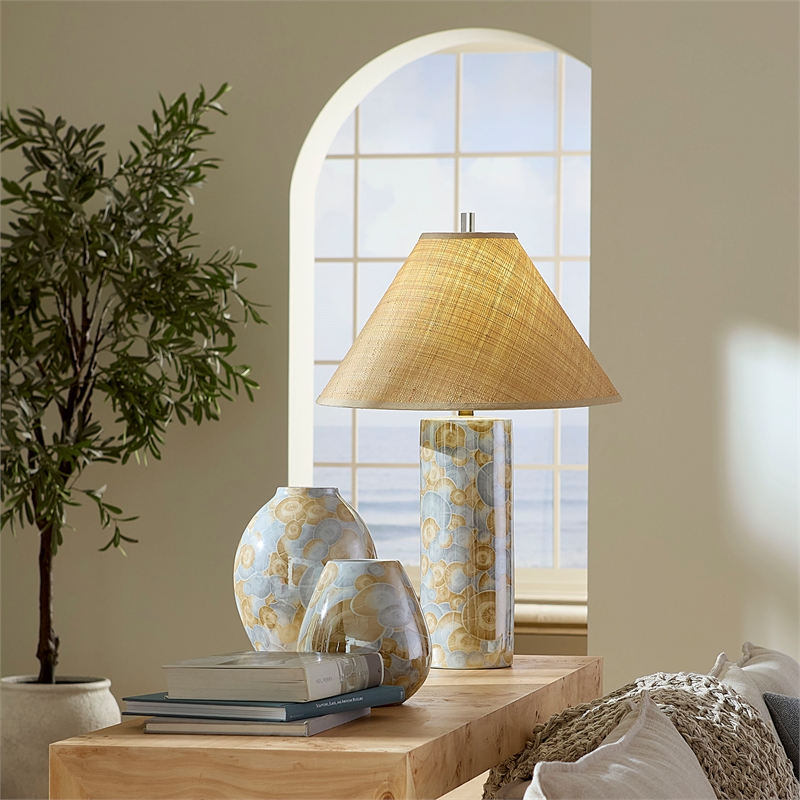 Maklaine Handmade Patterned Ceramic Table Lamp With Raffia Shade in Blue