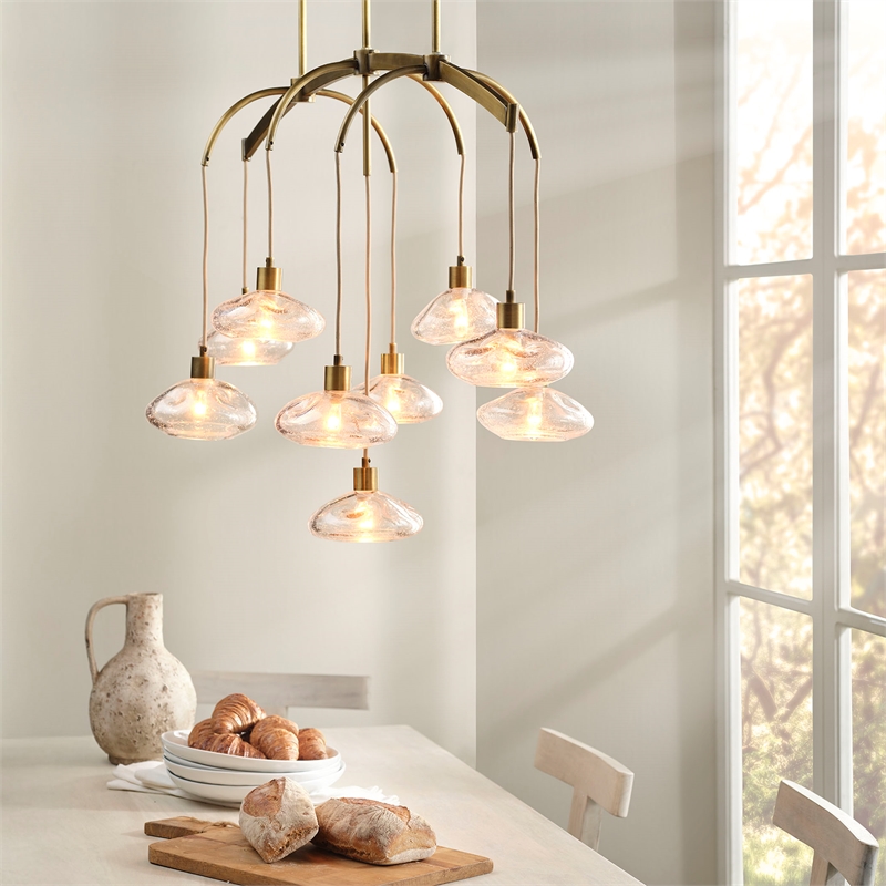Maklaine 9-Light Blown Seeded Glass Chandelier in Antique Brass
