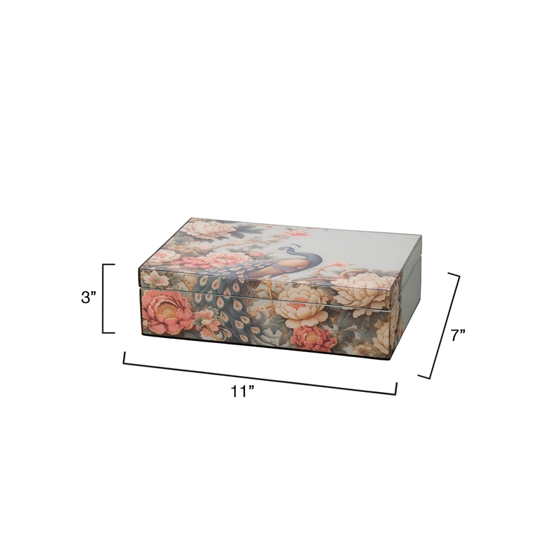Maklaine Lacquered Paper Peacock Motif Decorative Box in Blue