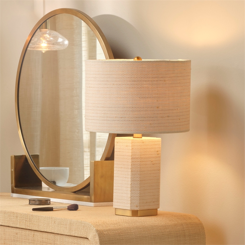 Maklaine Rattan Raffia-Wrapped Brass Table Lamp With Raffia Shade in Natural