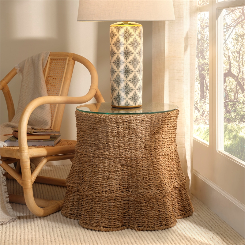 Maklaine Handwoven Seagrass Wicker/Rattan Skirted Side Table in Natural