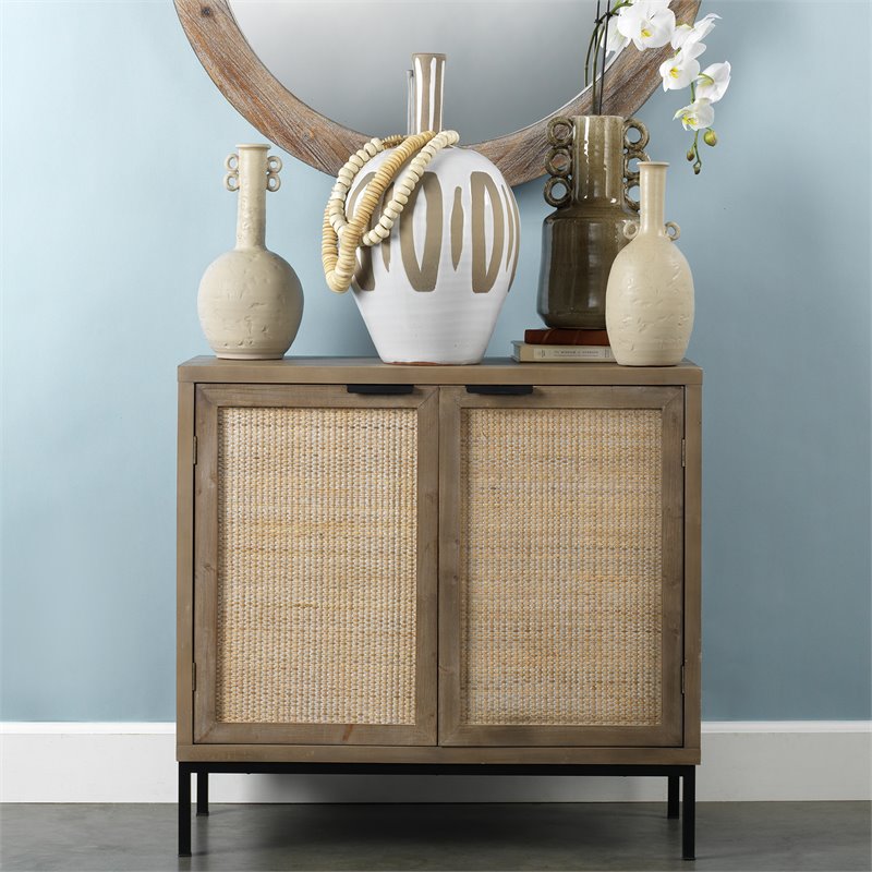 Maklaine 2-Door Coastal Wood and Rattan Iron Accent Cabinet in Brown