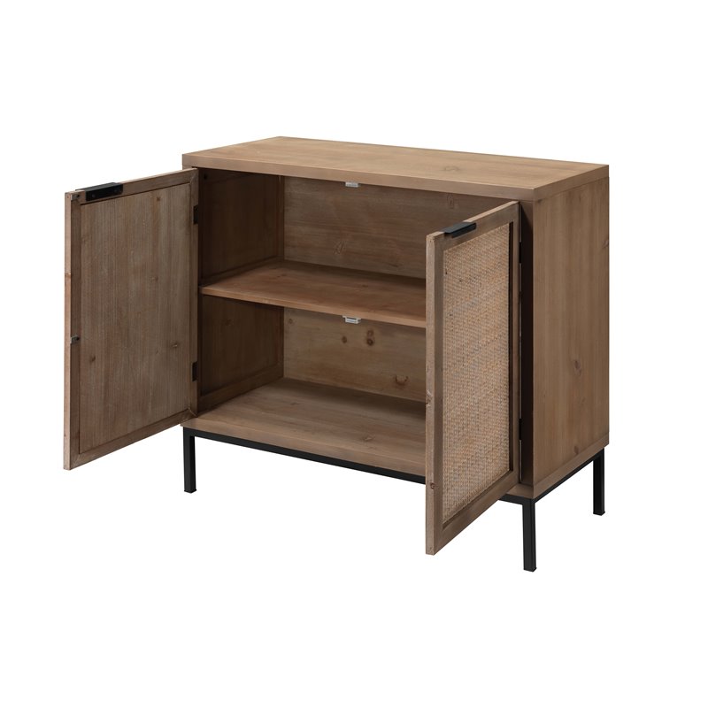Maklaine 2-Door Coastal Wood and Rattan Iron Accent Cabinet in Brown