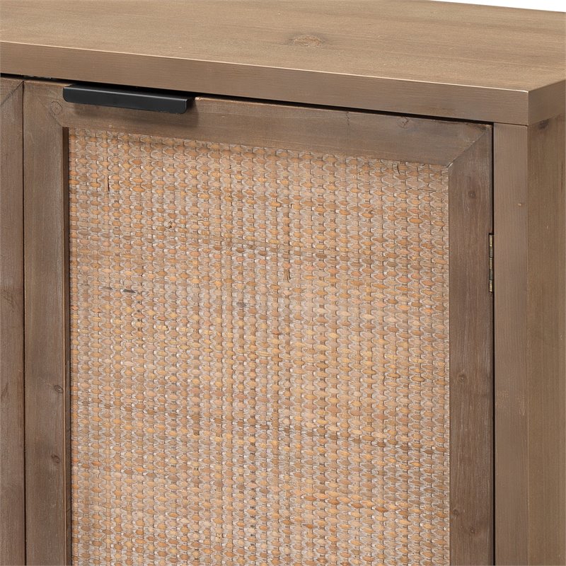 Maklaine 2-Door Coastal Wood and Rattan Iron Accent Cabinet in Brown