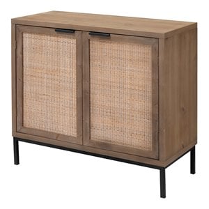 Maklaine 2-Door Coastal Wood and Rattan Iron Accent Cabinet in Brown