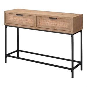 Maklaine 2-Drawer Coastal Wood and Rattan Iron Console Table in Brown/Black