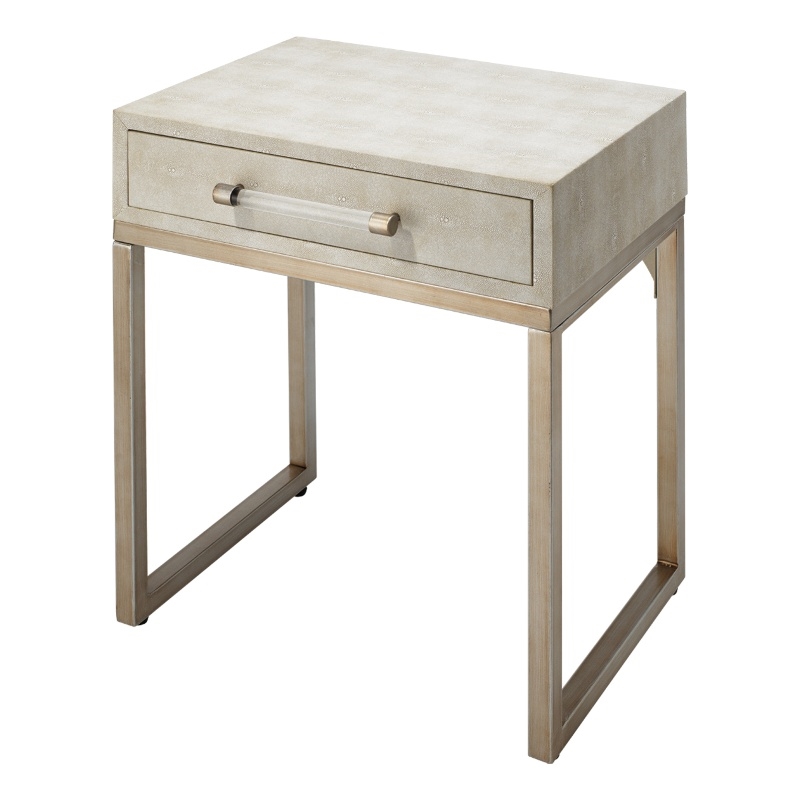 Maklaine Transitional Faux Shagreen Leather and Iron Side Table in Cream