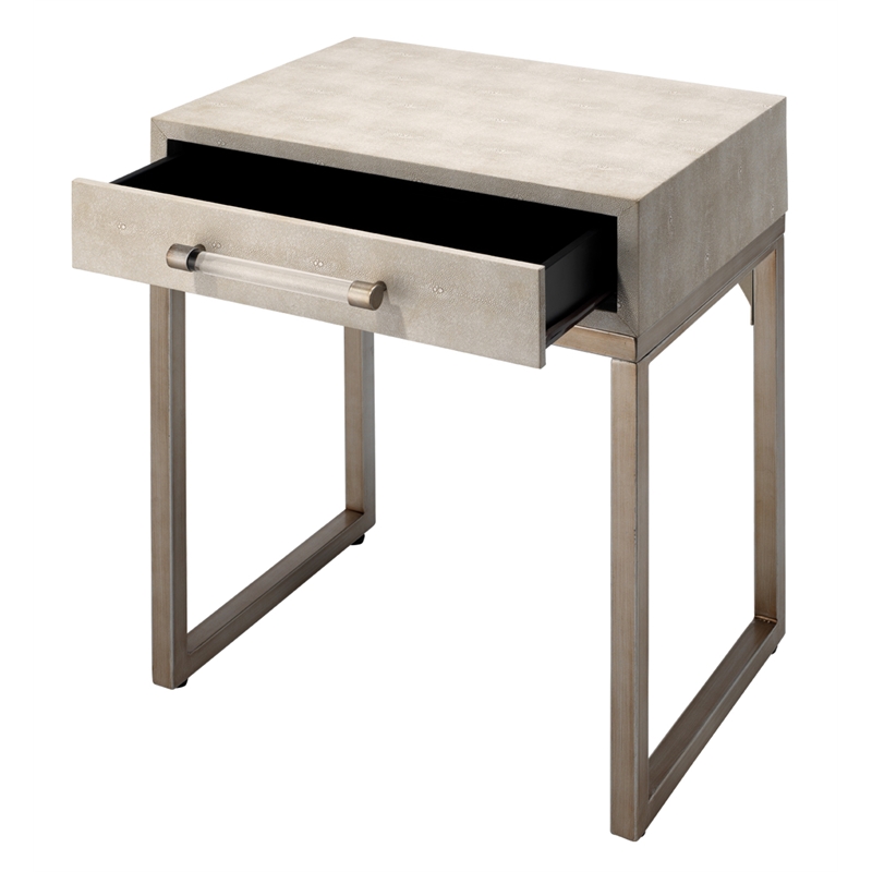 Maklaine Transitional Faux Shagreen Leather and Iron Side Table in Cream