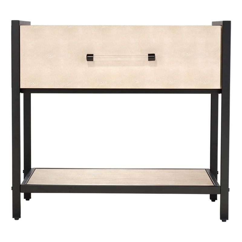 Maklaine Faux Shagreen Leather and Iron Side Table With Drawer in Taupe
