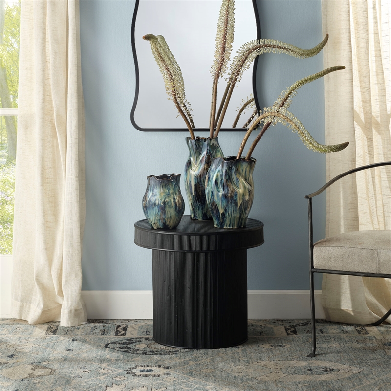 Maklaine Contemporary Handcrafted Bamboo Ribbed Side Table in Black