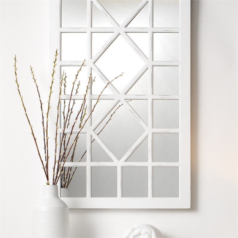 Maklaine Windowpane Hand-Carved Wood Rectangle Wall Mirror in Distressed White