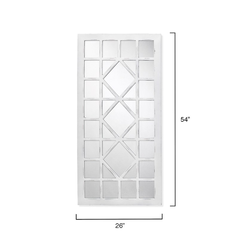 Maklaine Windowpane Hand-Carved Wood Rectangle Wall Mirror in Distressed White