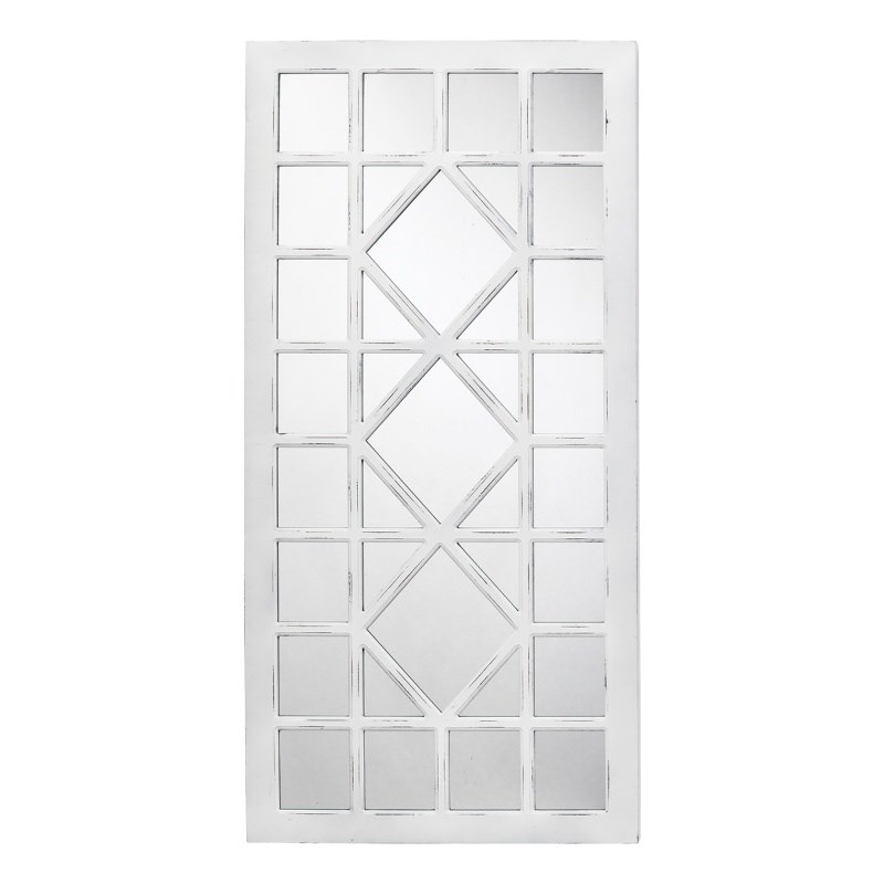 Maklaine Windowpane Hand-Carved Wood Rectangle Wall Mirror in Distressed White