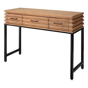 Maklaine 3-Drawer Slatted Fir Wood and Iron Console Table in Brown/Black