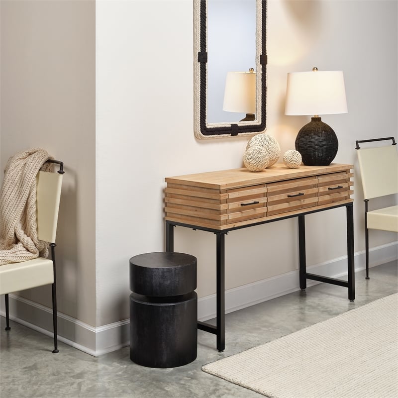 Maklaine 3-Drawer Slatted Fir Wood and Iron Console Table in Brown/Black