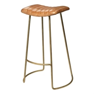Maklaine 30&quot Hand-Forged Iron and Leather Channel Tufted Bar Stool in Brown