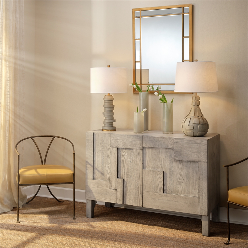 Maklaine 2-Door Geometric Engineered Wood Accent Chest in Gray Wash