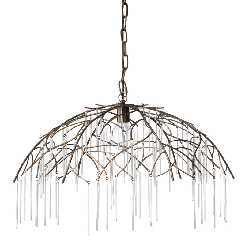 Maklaine 1-Light Hand-Forged Glass and Iron Metal Pendant in Antique Brass