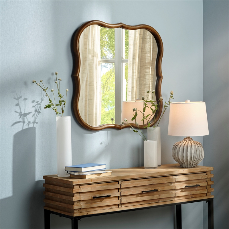 Maklaine Handcrafted MDF Wood Decorative Wall Mirror in Natural