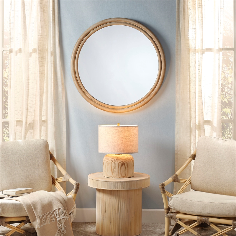 Maklaine Handcrafted Double-Banded Round Wood Wall Mirror in Natural