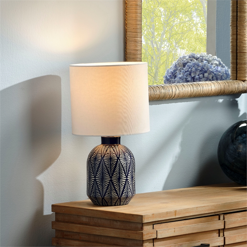 Maklaine Handmade Indigo Patterned Ceramic Table Lamp With Linen Shade