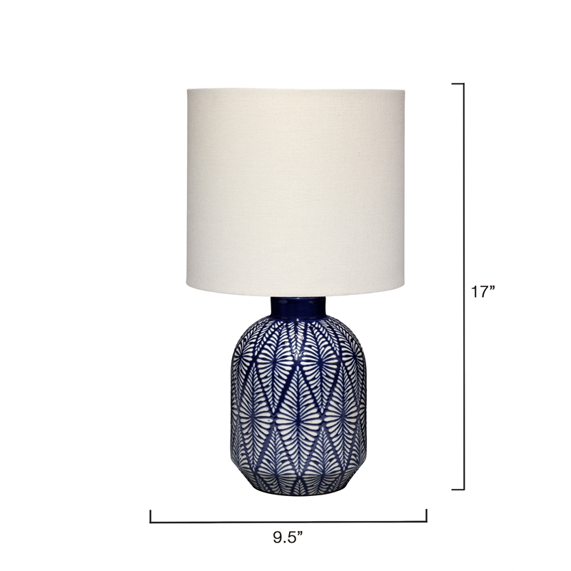 Maklaine Handmade Indigo Patterned Ceramic Table Lamp With Linen Shade