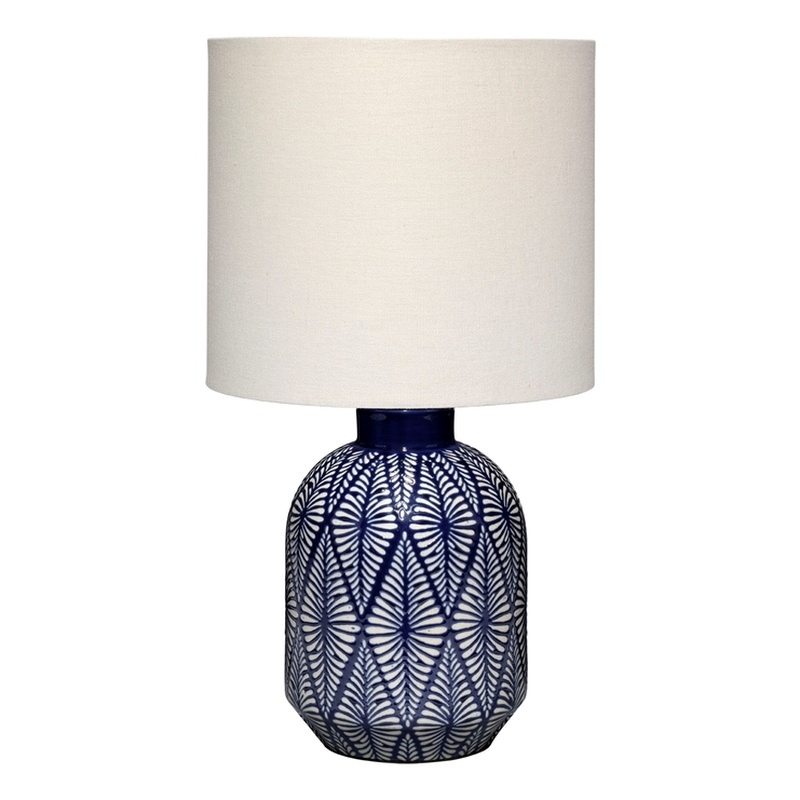 Maklaine Handmade Indigo Patterned Ceramic Table Lamp With Linen Shade