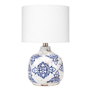 Maklaine Antiqued Floral Ceramic Table Lamp With Linen Shade in Blue/White