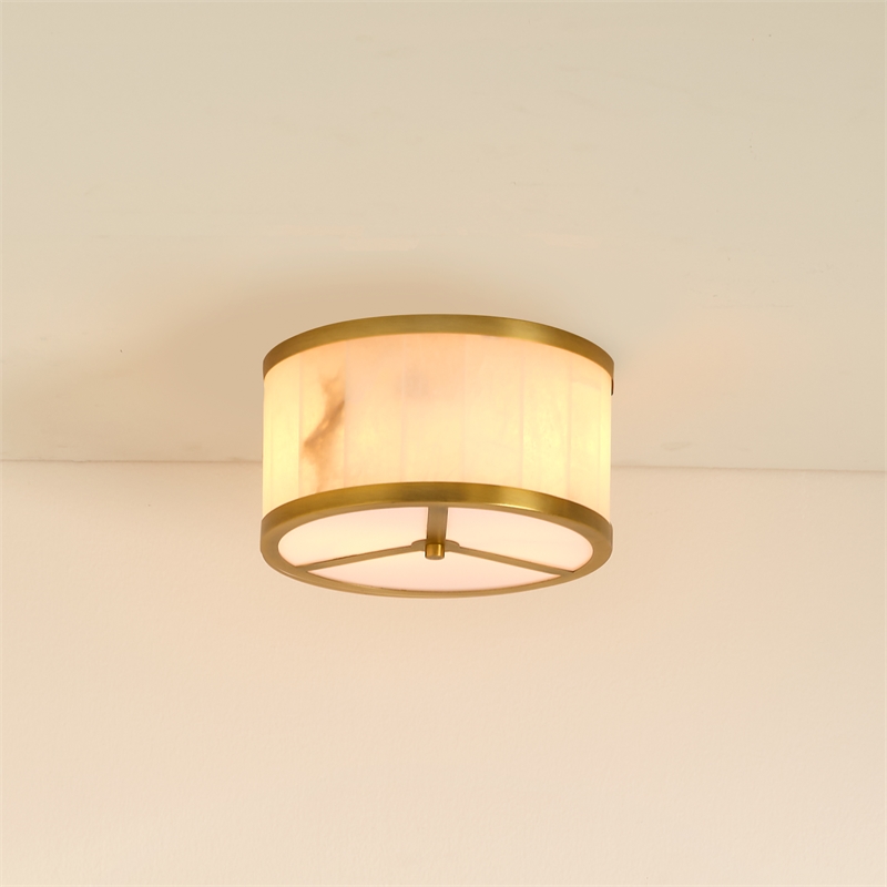 Maklaine Small Alabaster and Brass Flush Mount Ceiling Light in White