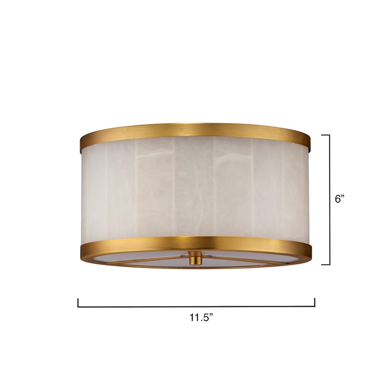 Maklaine Small Alabaster and Brass Flush Mount Ceiling Light in White