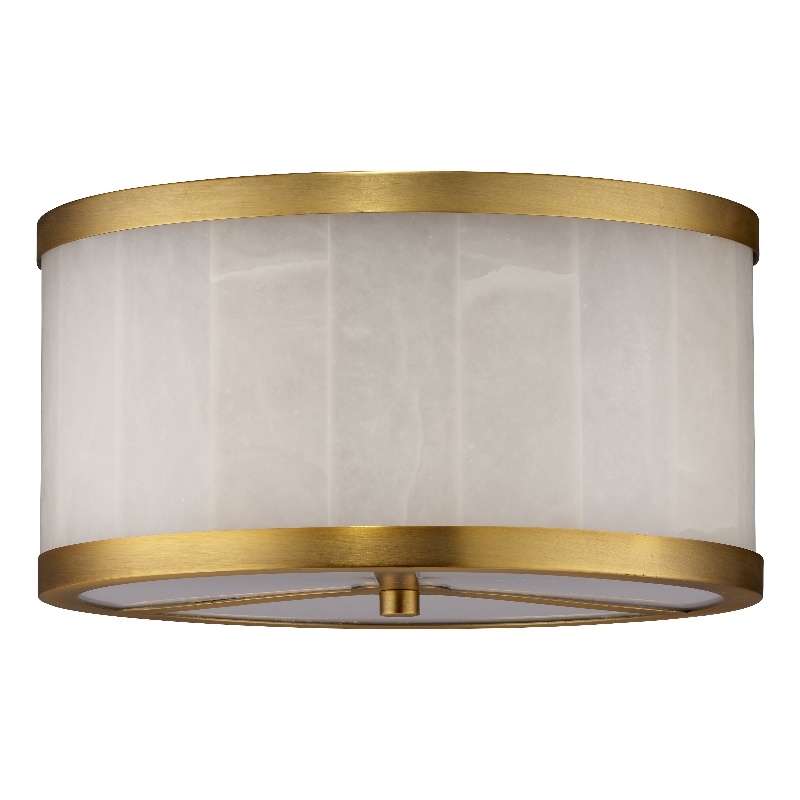Maklaine Small Alabaster and Brass Flush Mount Ceiling Light in White