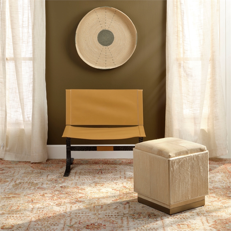 Maklaine Contemporary Hair-on-Hide Ribbed Square Ottoman in Tan