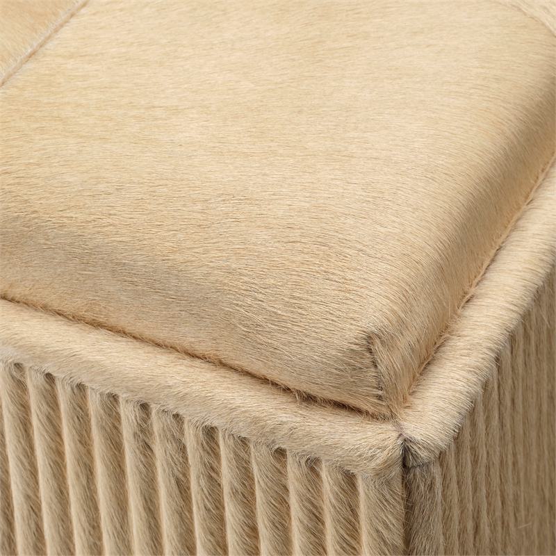 Maklaine Contemporary Hair-on-Hide Ribbed Square Ottoman in Tan