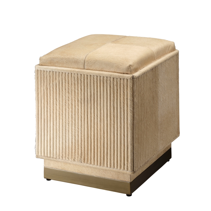 Maklaine Contemporary Hair-on-Hide Ribbed Square Ottoman in Tan