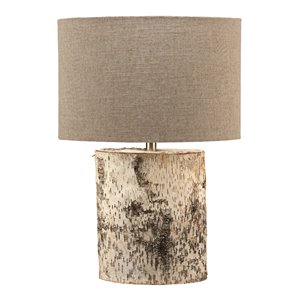 Maklaine Birch Veneer Oval Resin Table Lamp With Linen Shade in Brown