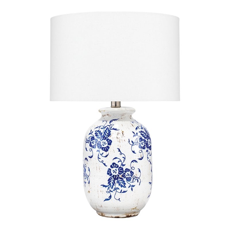 Maklaine Antiqued Blue Floral Ceramic Table Lamp With Linen Shade