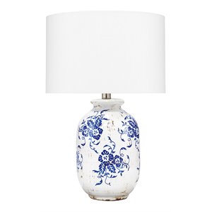 Maklaine Antiqued Blue Floral Ceramic Table Lamp With Linen Shade