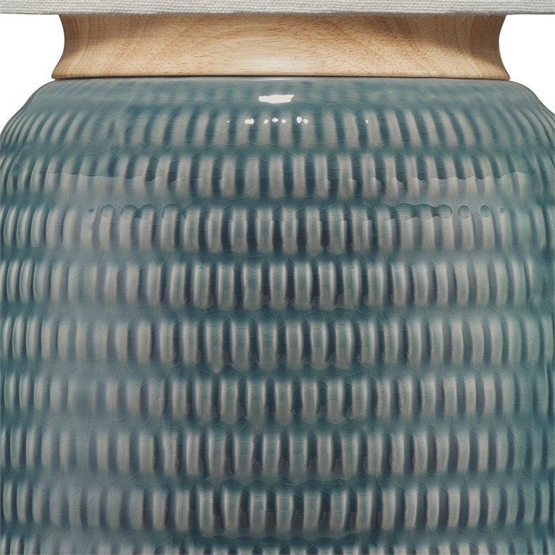 Maklaine Reactive Glaze Ceramic Table Lamp With Linen Shade in Blue/Brass