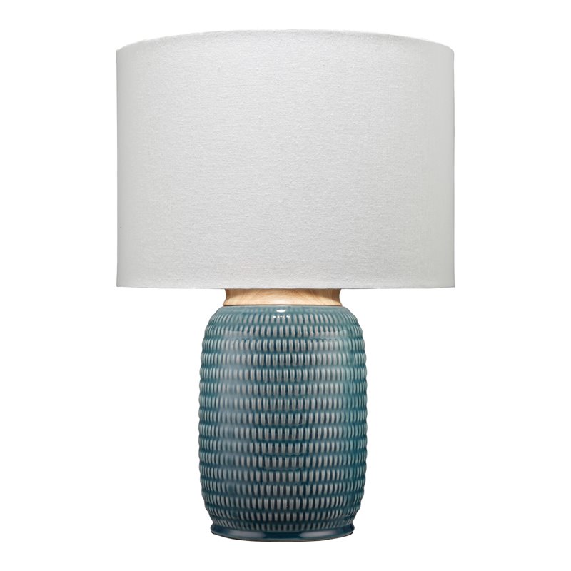Maklaine Reactive Glaze Ceramic Table Lamp With Linen Shade in Blue/Brass