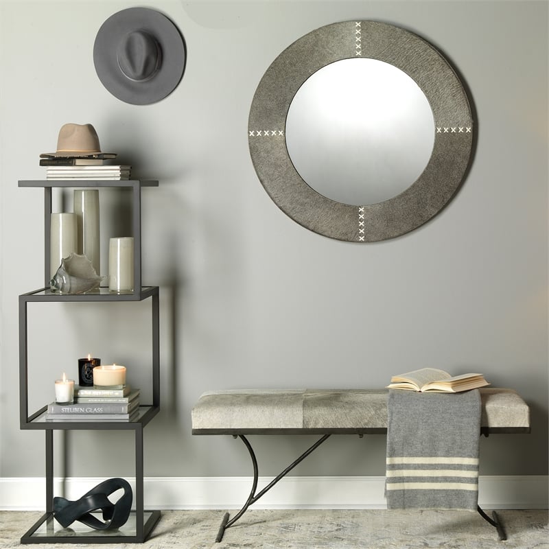 Maklaine Handcrafted Cowhide and Leather Round Wall Mirror in Gray