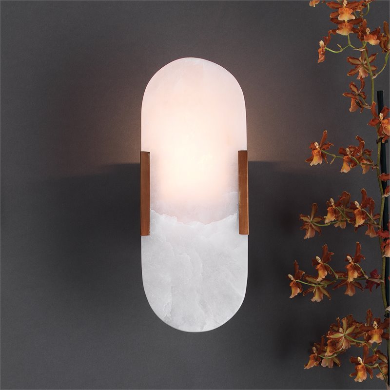Maklaine 2-Light Floating Alabaster and Steel Wall Sconce in Antique Brass