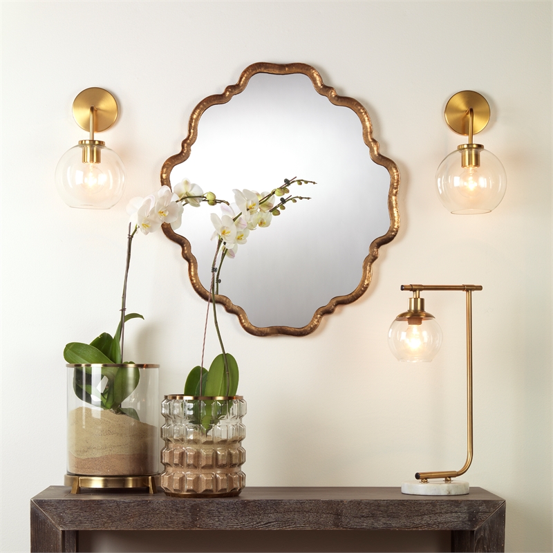 Maklaine Contemporary Hammered Metal Scalloped Edge Wall Mirror in Brass